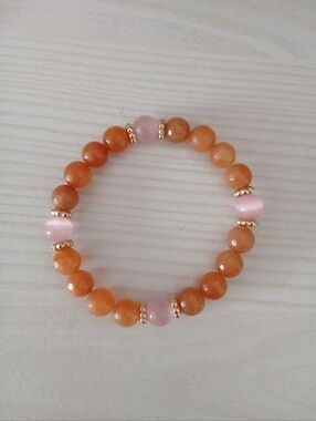 Handcrafted Orange Cornelian and Pink Cats Eye  Stone Beaded Bracelet